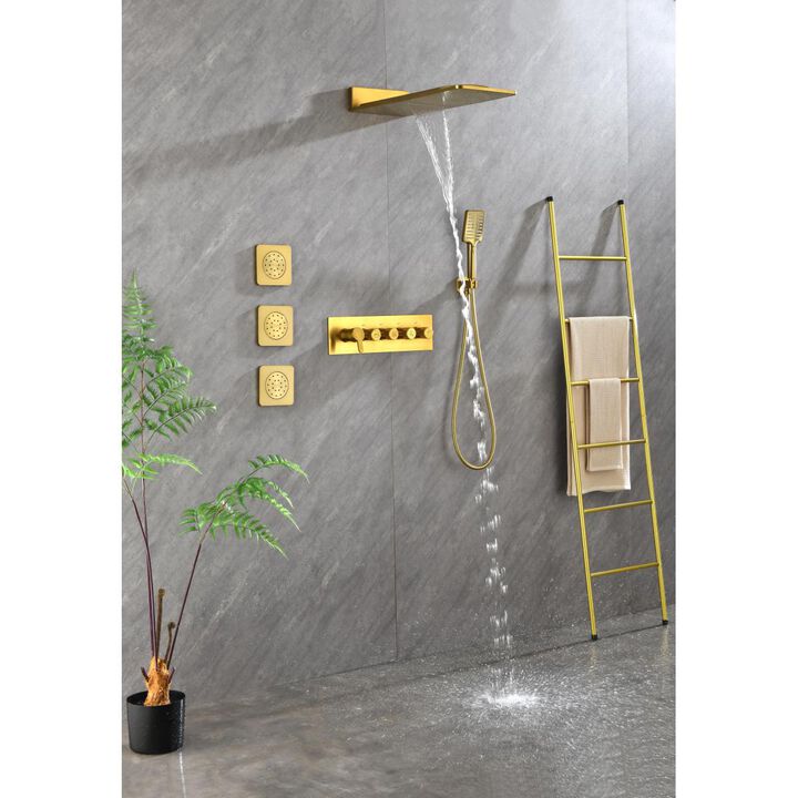 Wall Mounted Waterfall Rain Shower System With 3 Body Sprays & Handheld Shower