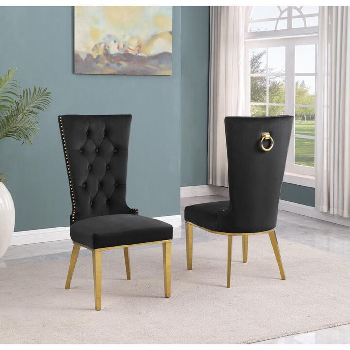Best Quality Furniture Black Velvet Side Chair With Gold Stainless Steel Base (Set Of 2)