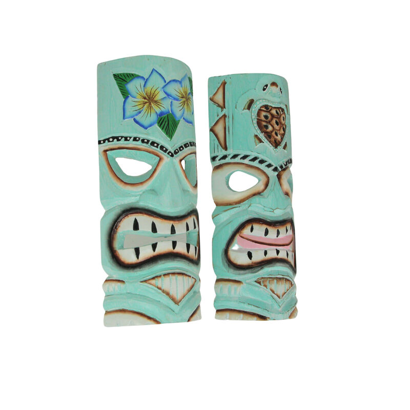 Aqua Blue Tiki Wall Masks &ndash; Flower & Sea Turtle Design, 12"x5"x2" Tropical Decor image number 2