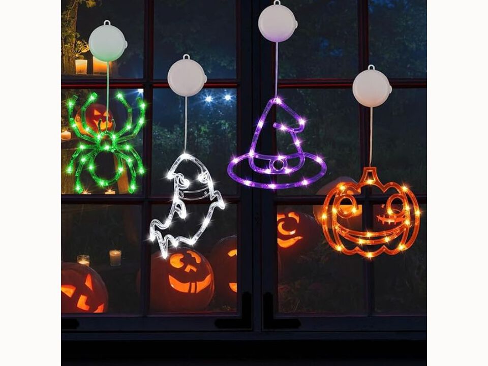 4-Pack Halloween Window Lights – Pumpkin, Ghost, Witch Hat & Spider Battery Operated with Suction Cups & Timer for Indoor Decor