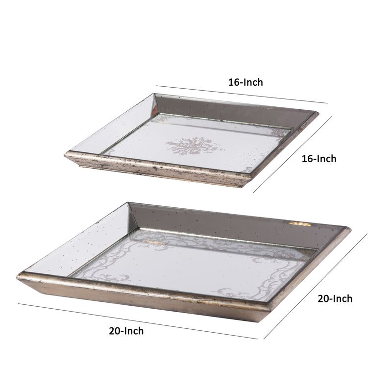Set of 2 Square Serving Trays, Decorative, Vintage Mirrored, Champagne - Benzara