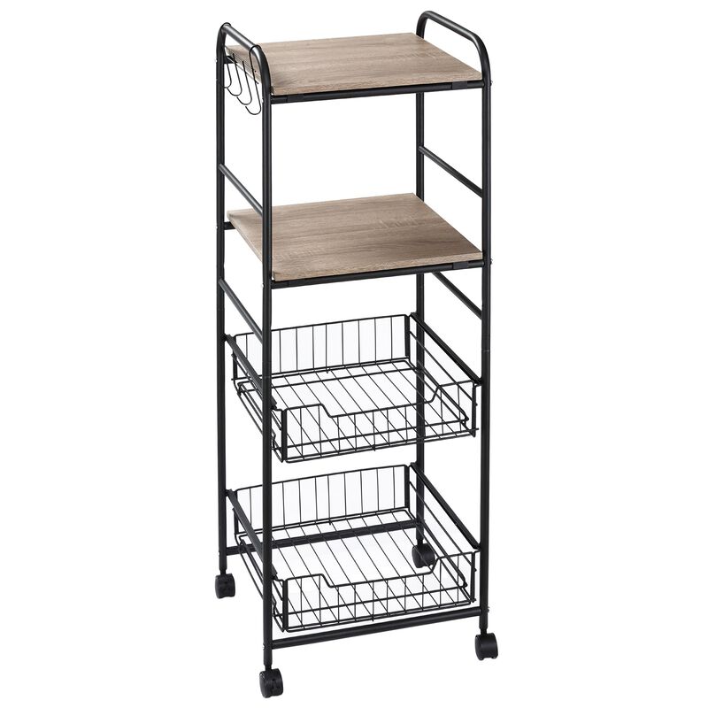 Kitchen Cart with Storage, 16"W Slim Rolling Cart, 4 Tier Kitchen Shelves on Wheels with Side Racks, 2 Basket for Fruit Vegetable, Utility Cart for Narrow Space, Laundry, Oak