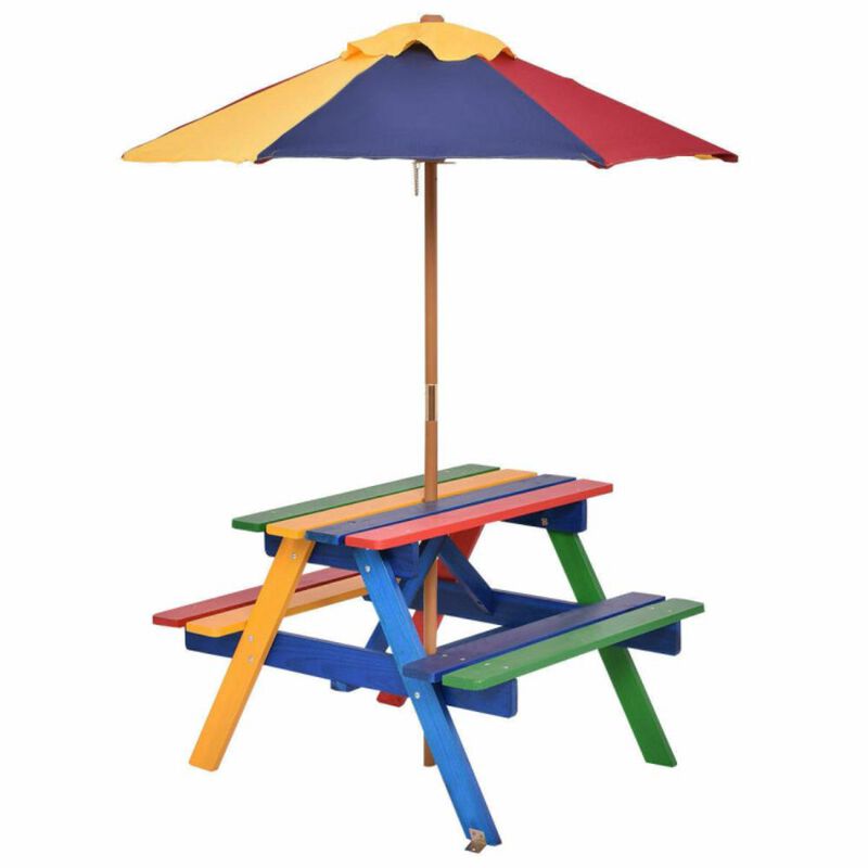 Hivvago Outdoor 4-Seat Kids Picnic Table Bench Set with Removable Umbrella