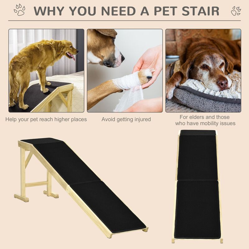 Natural/Black Pet Access: 74"L Wooden Ramp with Non-slip Carpet Top image number 4