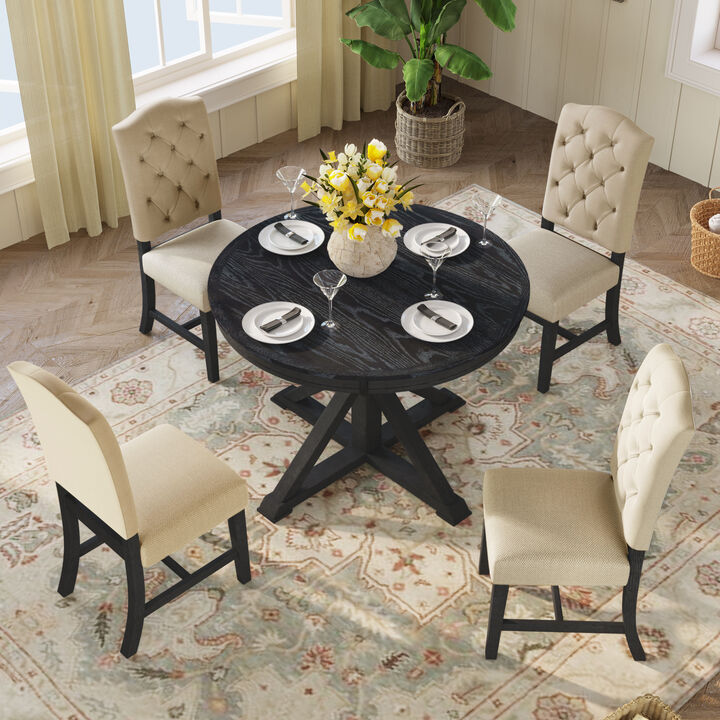 Merax Functional Furniture Retro Style Dining Table Set with Extendable Table and 4 Upholstered Chairs for Dining Room and Living Room