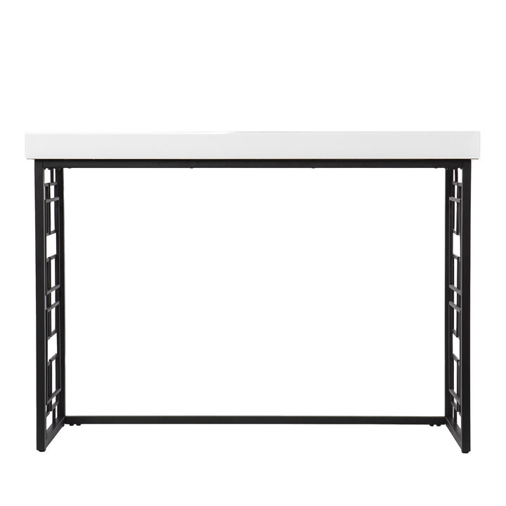 HomeRoots 42" White and Black Glass and Metal Sled Console Table
