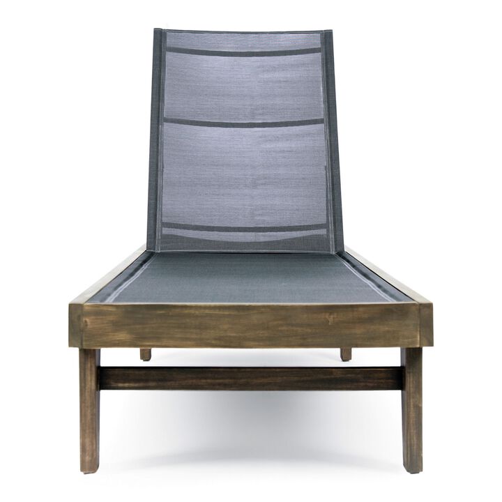 Liam Outdoor Chaise Lounger, 78 Inch Mesh Seat, Dark Gray Acacia Wood Frame - Benzara