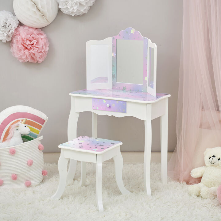 Gisele Starry Sky Kids Vanity Table & Stool, White & Lavender