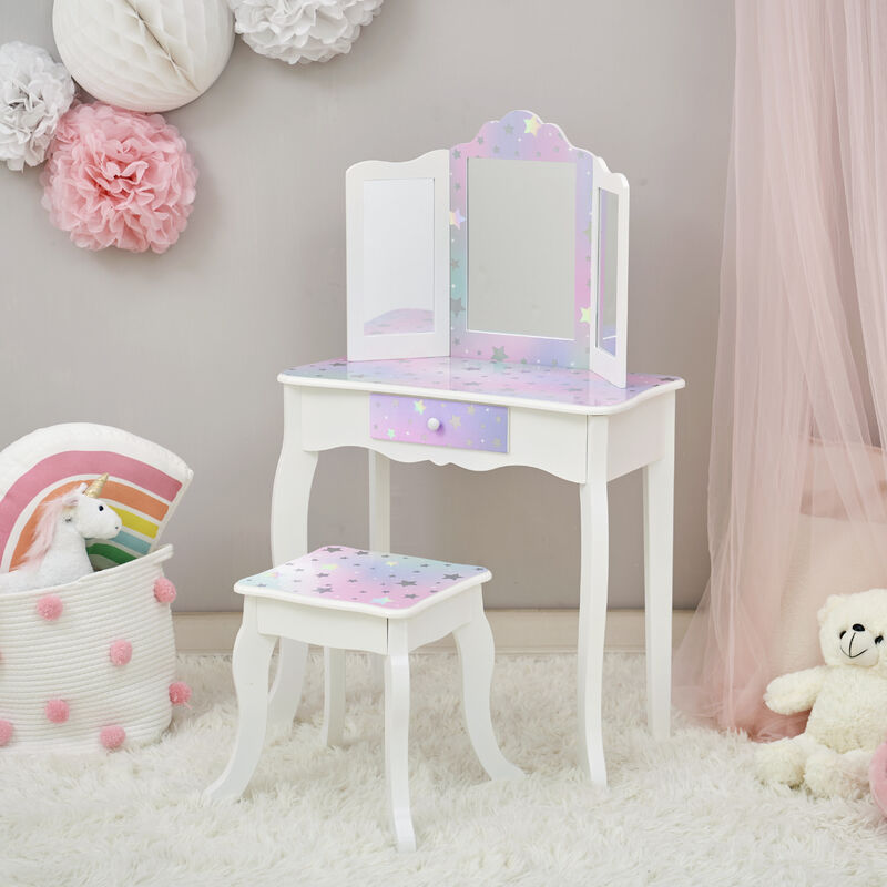 Gisele Starry Sky Kids Vanity Table & Stool, White & Lavender image number 1