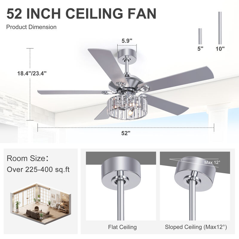 Breezary 52" Ceiling Fan with Light, 5 Blade,3 Light E12 need ,6 Speed, Quiet Downrod Mount, Remote Control image number 4