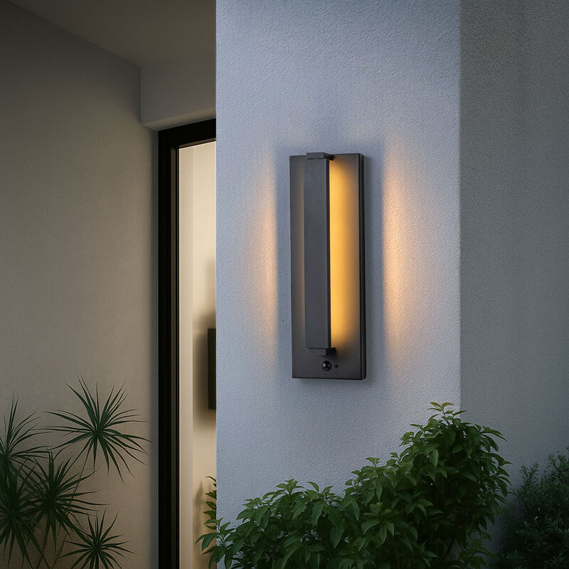 H15" Modern Motion Sensor Outdoor Wall Light 23W Integrated LED Wall Sconce Matte Black Iron Exterior Light Fixture for Porch Garage Patio image number 1