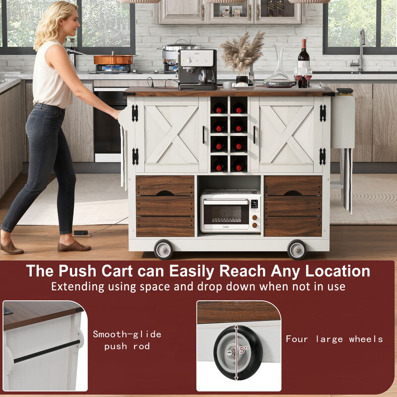 Whisen 54" Farmhouse Kitchen Island with 2 Drawers, Power Outlet & Adjustable Shelves, MDF for Kitchen & Dining image number 5