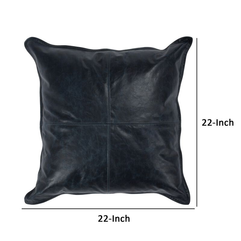 Norm 22 Inch Square Accent Throw Pillow, Pieced Design Classic Blue Leather-Benzara