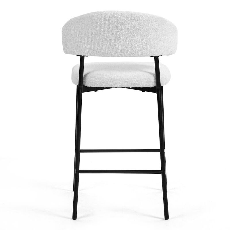Glamour Home Set of 2 Bennett White Boucle Upholstered Fabric Counter Stool Black Iron Legs