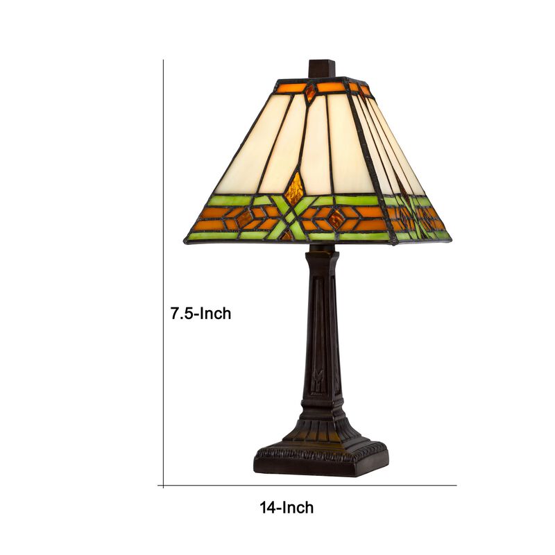 Eli 14 Inch Accent Lamp, Stained Square Tiffany Style Shade, Bronze Frame-Benzara