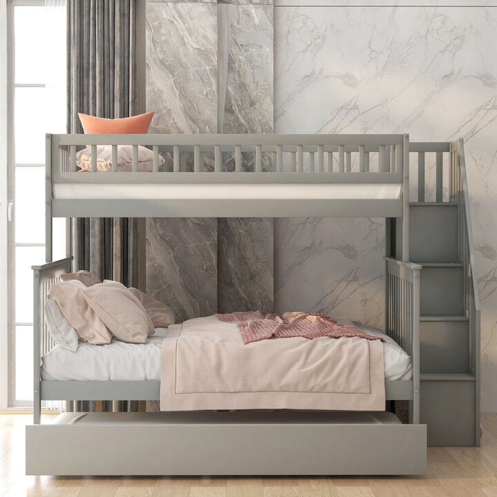 Twin over Full Bunk Bed with Trundle and Staircase, White