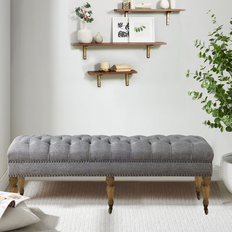 Button-Tufted Linen Bench with Nailhead Trim & Wooden Legs, Multi-Functional Storage Ottoman