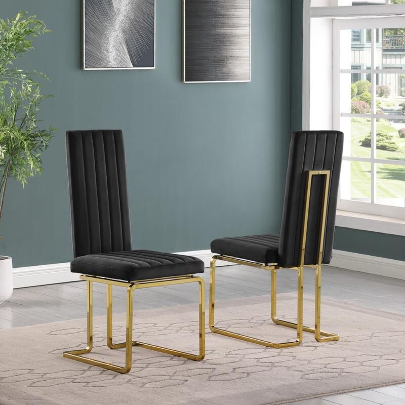 Best Quality Furniture Black Velvet Side Chairs With Gold Color Base (Set Of 2)
