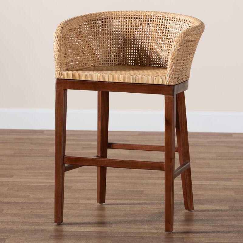 bali & pari Papua Modern Bohemian Natural Rattan and Walnut Brown Acacia Wood Counter Stool