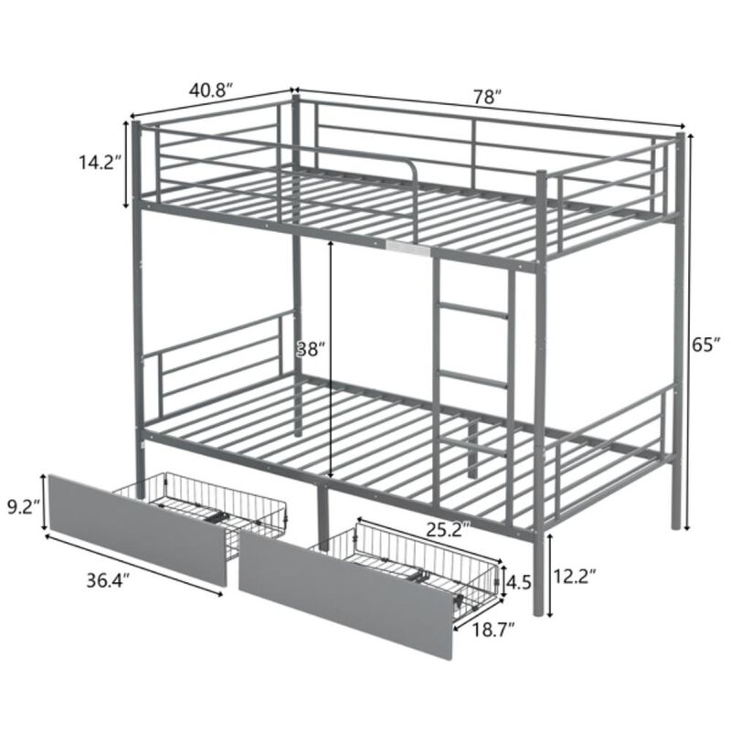 Space-Saving Convertible Bunk Bed with Metal Frame and Two Drawers