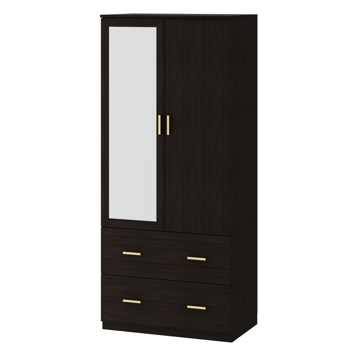 Armoire Wardrobe with Mirror & 2 Drawers, 2-Door Wardrobe with Shelves & Hanging Rod, Gold Metal Handles, for Cloakroom (31.5&rdquo;W x 18.9&rdquo;D x 72&rdquo;H)