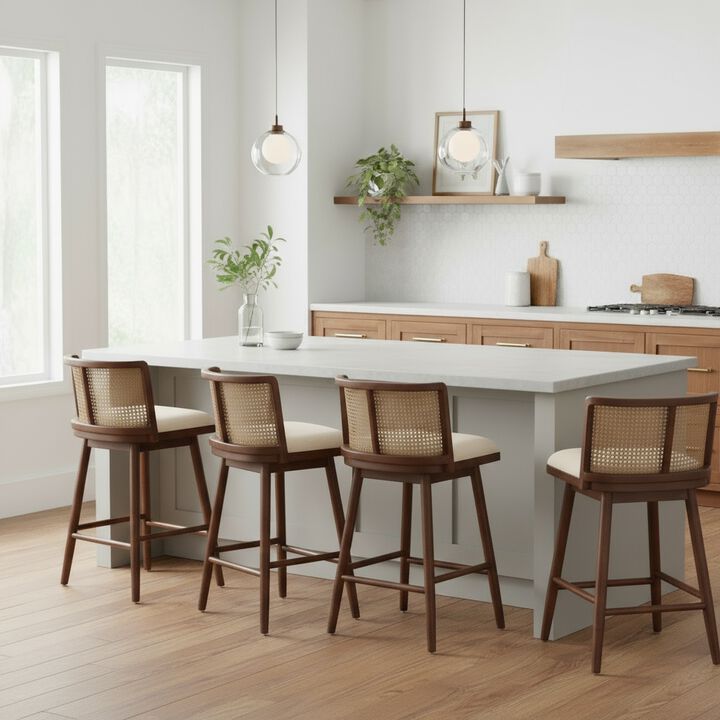 Christopher Knight Home Lyric Modern Woven Rattan Rubberwood Upholstered Counter Stools with Rattan Curved Backrest (Set of 4)