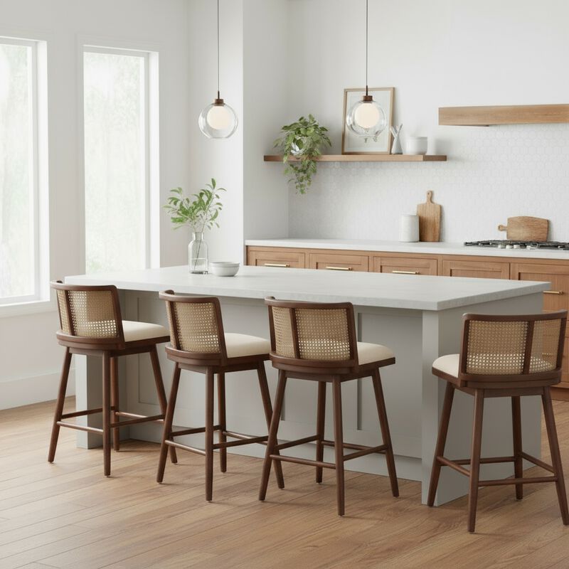 Christopher Knight Home Lyric Modern Woven Rattan Rubberwood Upholstered Counter Stools with Rattan Curved Backrest (Set of 4) image number 1