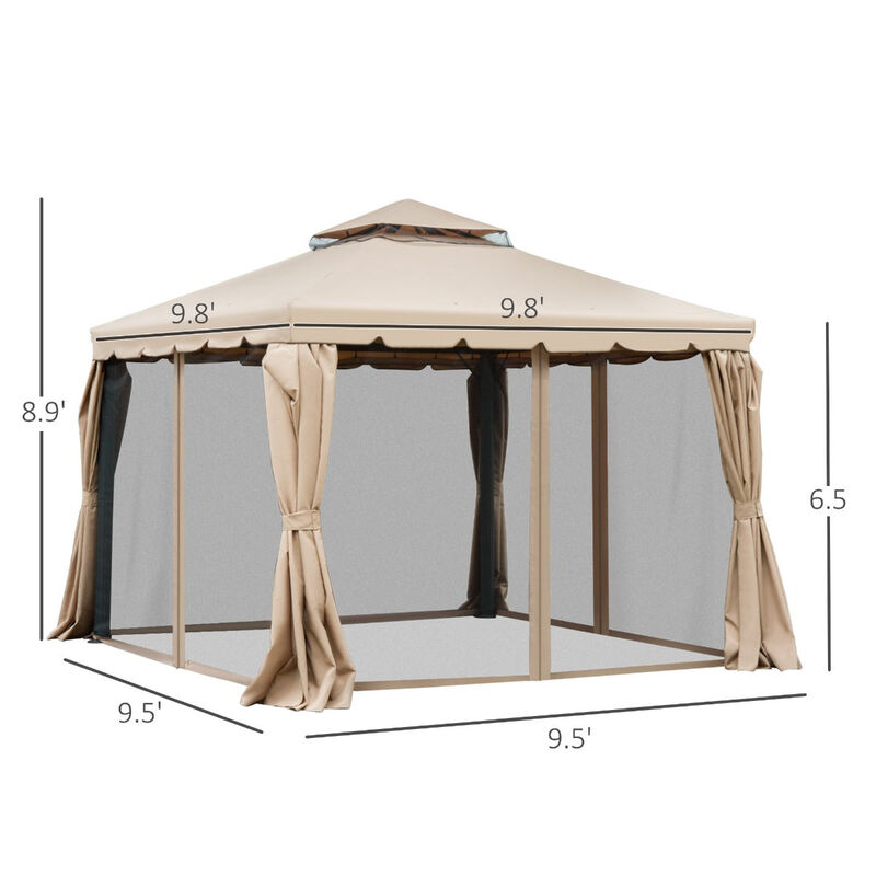 10' x 10' Patio Gazebo Outdoor Canopy Shelter with Double Vented Roof, Netting and Curtains for Garden, Lawn, Backyard and Deck, Khaki