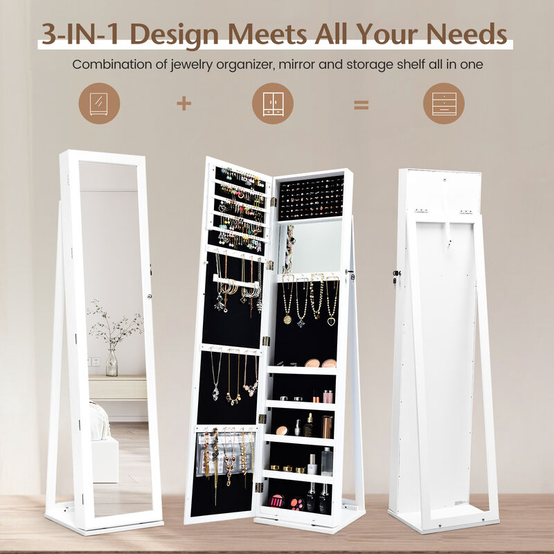 Standing Lockable Jewelry Storage Organizer with Full-Length Mirror