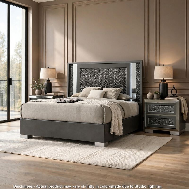 3pc King Bedroom Set, Dark Gray, Taupe Gray, White Wood, 2 Nightstands image number 1