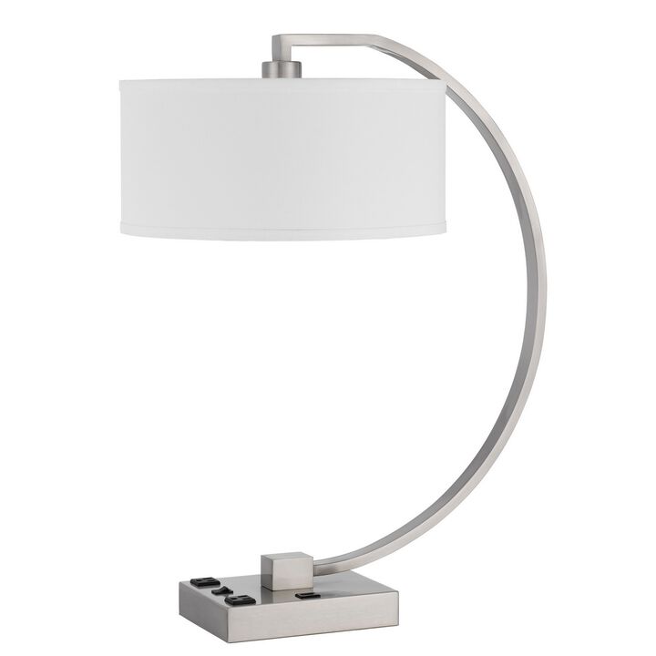 Fory Table Lamp, 2 Outlets, 1 USB Port, Curved Chrome Steel 26 Inch - Benzara