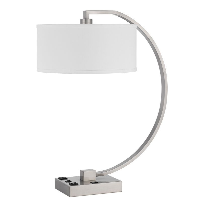 Fory Table Lamp, 2 Outlets, 1 USB Port, Curved Chrome Steel 26 Inch - Benzara