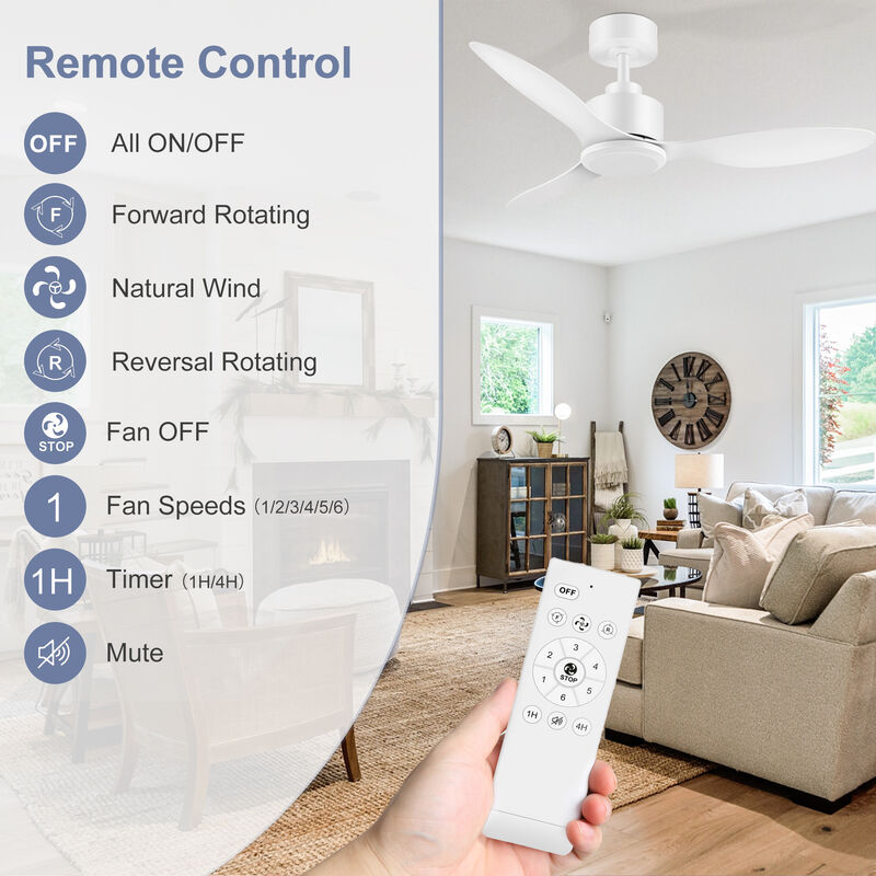 Breezary 42" Ceiling Fan No Light, 3 Blades, DC Motor, 6 Speeds, Remote Control, Reversible image number 3