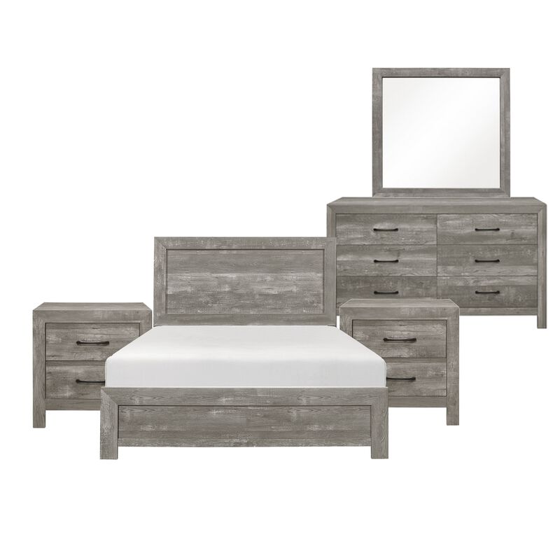 King Bedroom Set, Farmhouse Style, Gray, 5 Piece Set with 2 Nightstands, Dresser, and Mirror image number 0