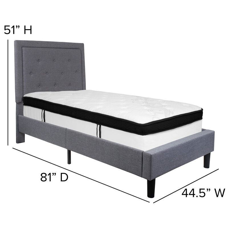 Roxbury Twin Size Tufted Upholstered Platform Bed in Light Gray Fabric with Memory Foam Mattress