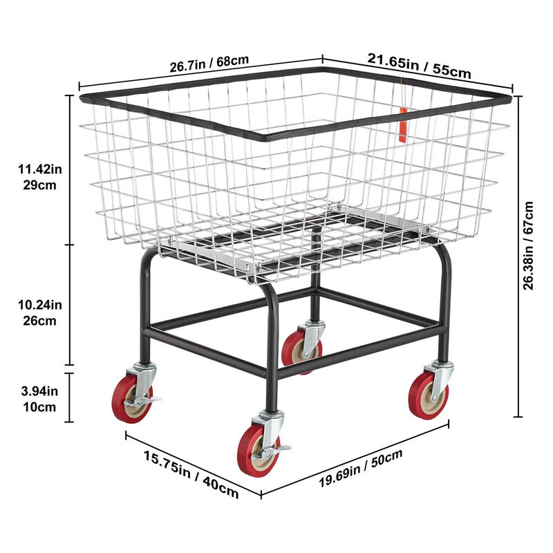 Commercial Wire Laundry Basket Cart with Casters, 2.8 Bushel Steel Frame-Silver image number 2