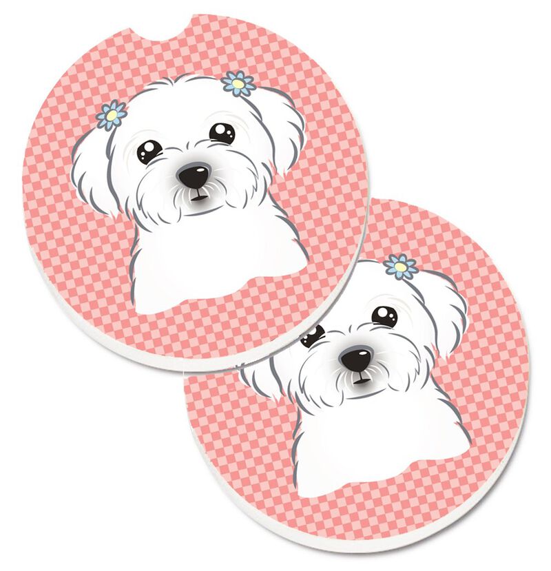 Caroline's Treasures Checkerboard Pink Maltese Set of 2 Cup Holder Car Coasters BB1208CARC, 2.56, Multicolor