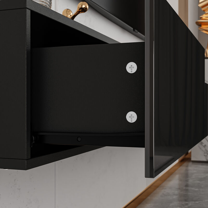 Black Mirror Finished TV Stand Wall-Mounted Entertainment Center Fits TV's up to 110.2 in. with 4 Drawers for Storage