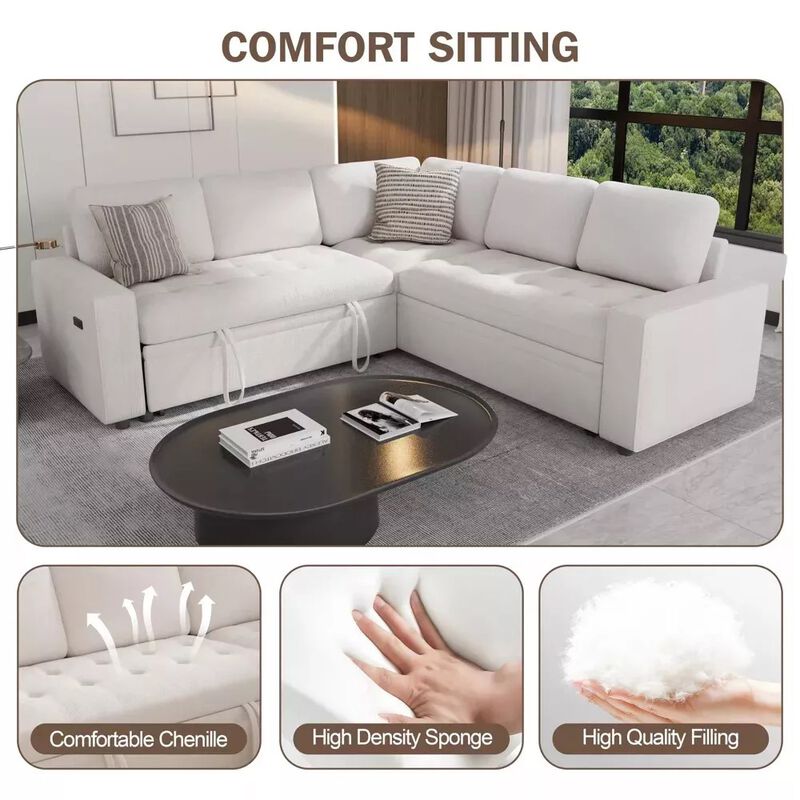 Vipbear 79" 5-Seat L-Shaped Sectional Sleeper Sofa Bed, Chenille Pull-Out Couch with Backrest image number 6
