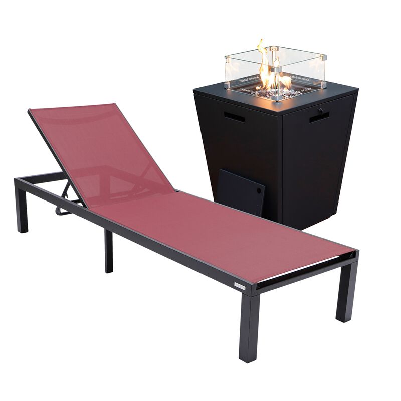 LeisureMod Marlin Modern Black Aluminum Outdoor Patio Chaise Lounge Chair in Black Frame with Square Fire Pit Side Table