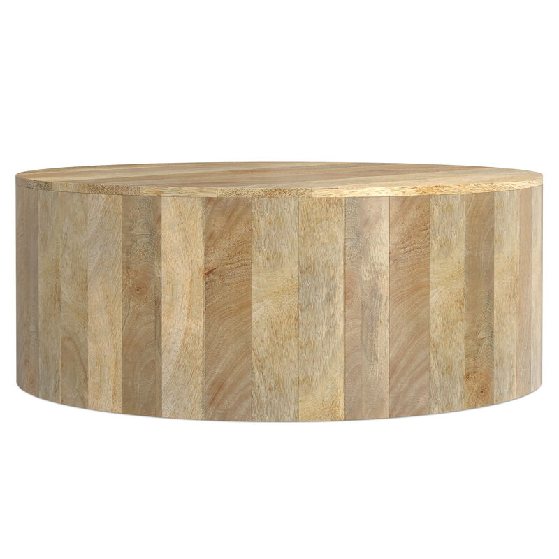 Millbury SOLID MANGO WOOD 36 inch Wide Round Modern Industrial Drum Coffee Table in Natural, Fully Assembled
