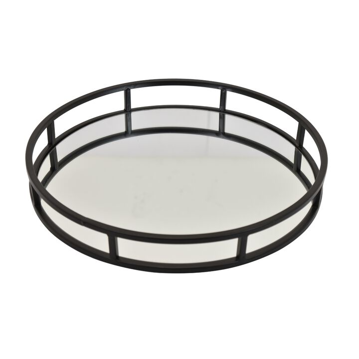 Shaya Round Tray, Gallery Frame w Rails, Glass, Black Metal 15 Inch