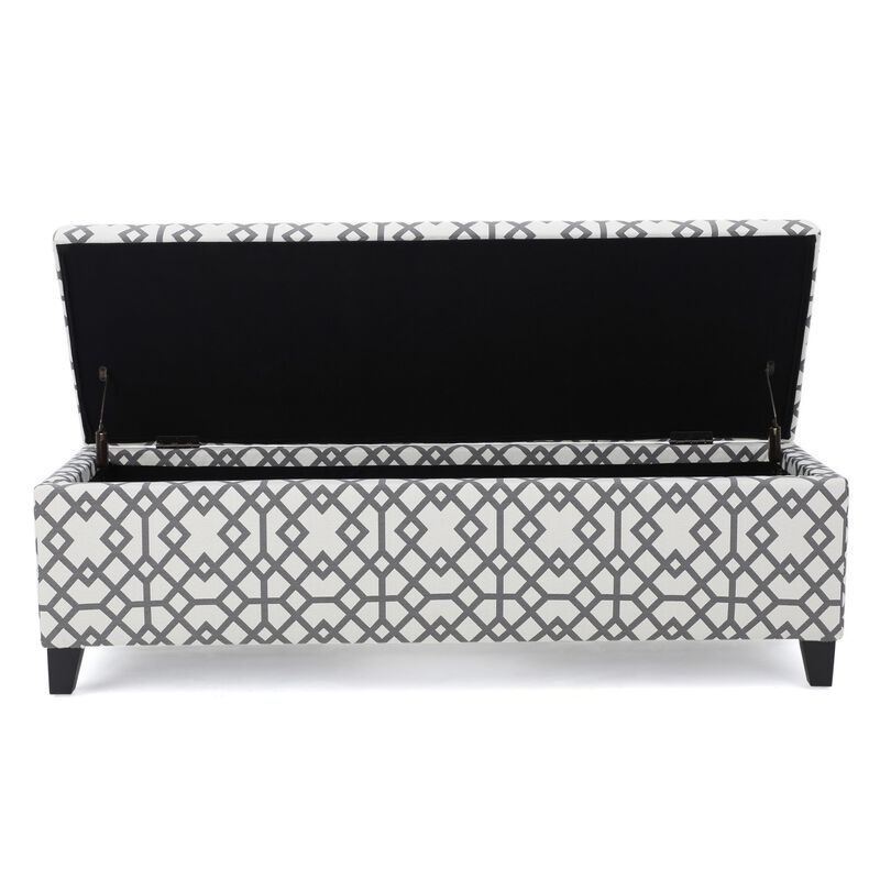 Flash Storage Ottoman Bench, Light Gray Geometric Print Fabric 51 Inch - Benzara