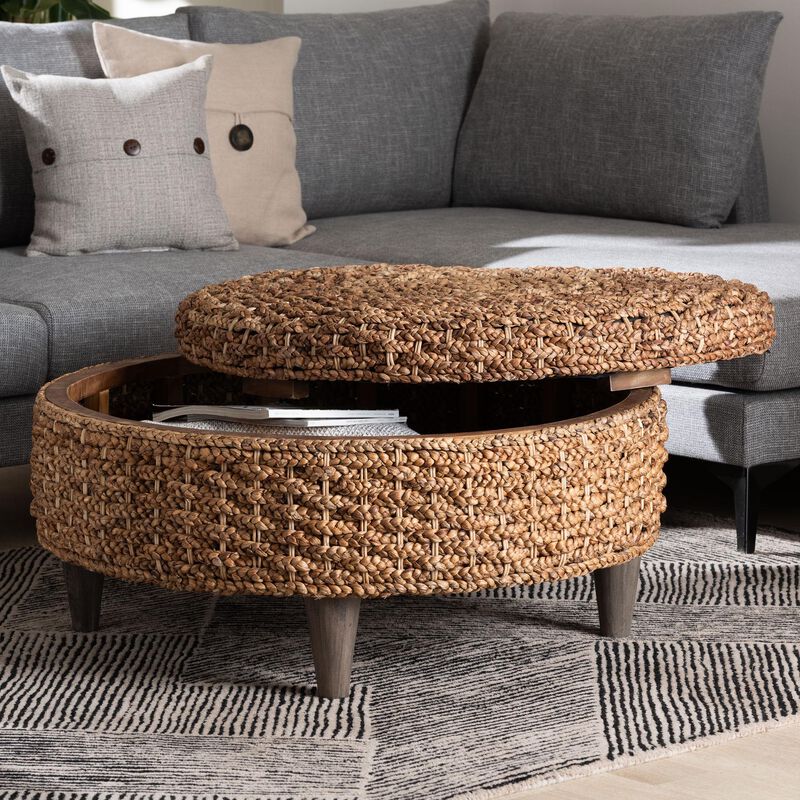 bali & pari Bailey Handwoven Seagrass Storage Ottoman with Lift-Top Lid &ndash; Rustic Wicker Trunk or Footrest with Inner Compartment for Living Room or Entryway, Round image number 8