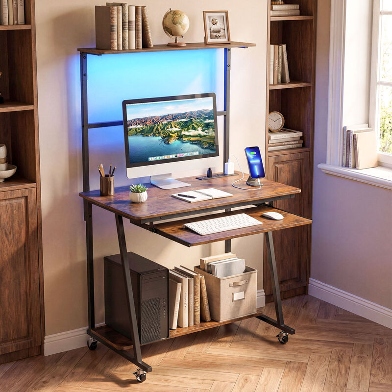 Small Rolling Computer Desk with LED Lights and Charging Station image number 1