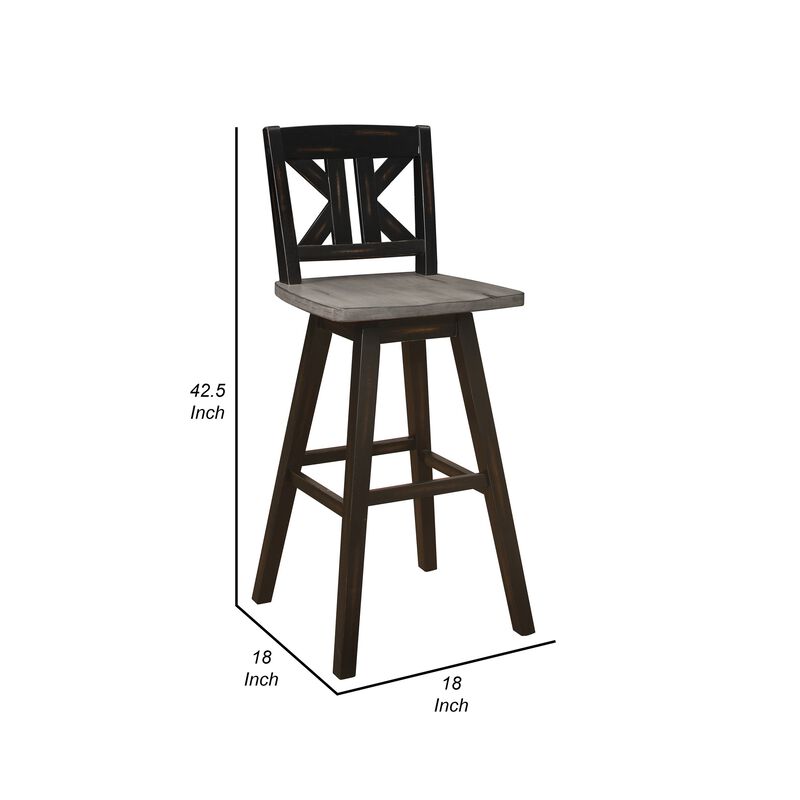 Ati 29 Inch Bar Height Stool Swivel Chairs Set of 2, X Back, Distressed Gray, Black image number 5