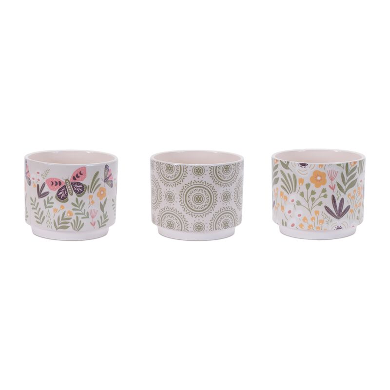 Set of 3 Stone Planters with Floral Pattern for Garden or Home Decor