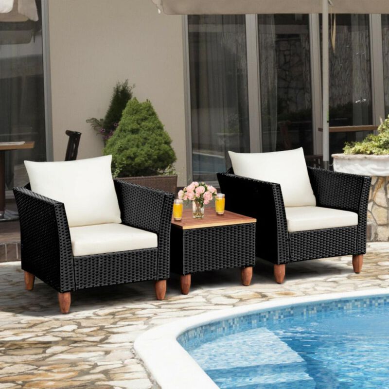 Hivvago 3 Pieces Patio Wicker Furniture Set with Cushions and Acacia Wood Coffee Table Outdoor