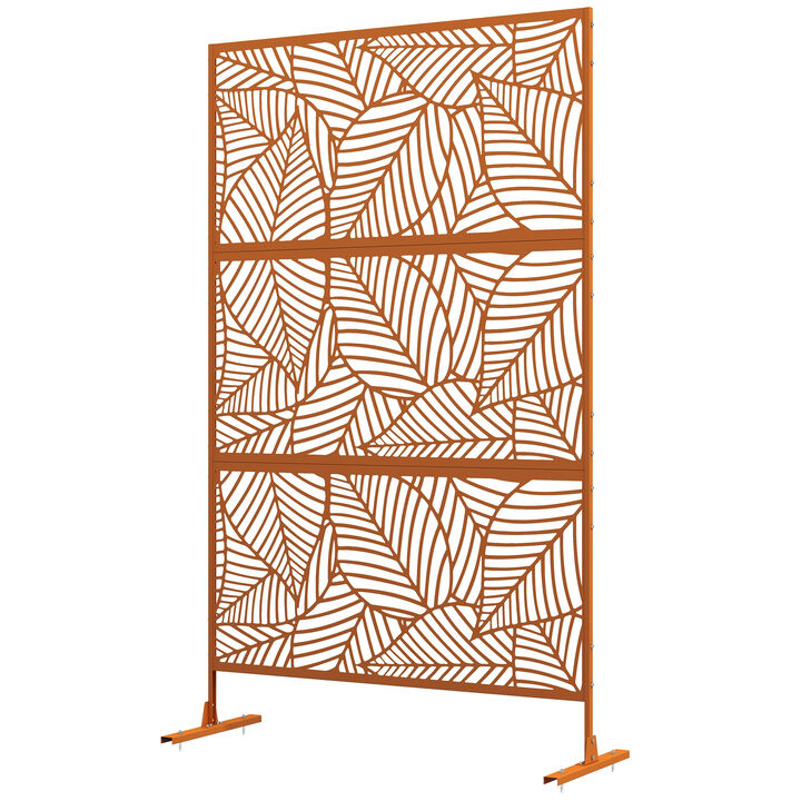 Outsunny Metal Outdoor Privacy Screen, Decorative Privacy Fence Screen, Outdoor Divider with Leaf Motif for Fun Shadows or Use as Climbing Plant Trellis for Garden Walkway, Balcony, Patio, 6.5', Brown