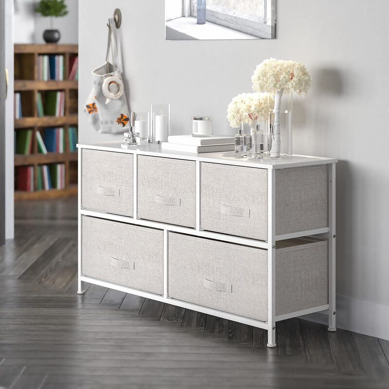 Flash Furniture Harris 5 Drawer Storage Chest - White Cast Iron Frame and Wood Top - 5 Easy Pull Light Gray Fabric Drawers